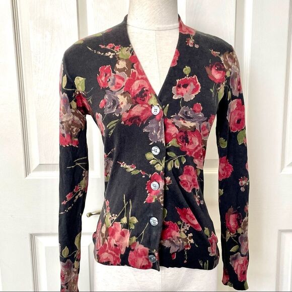 Ralph Lauren black button cardigan with roses - Picture 2 of 12
